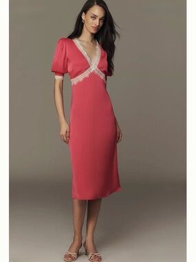 Anthropologie V-Neck Lace Trim Midi Dress In Rose Pink and Cream Lace